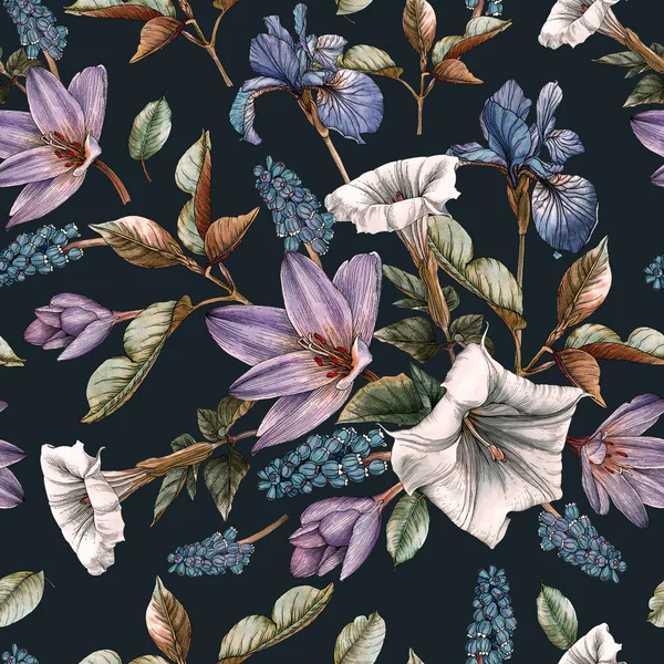 Floral seamless pattern with watercolor irises, datura flowers and muscari — Stockfoto