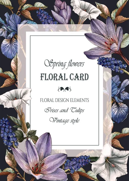 Cartão de saudação floral com um quadro de íris aquarela, muscari e flores datura — Fotografia de Stock