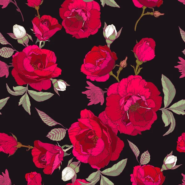 Motif floral vectoriel sans couture avec des roses rouges, des chrysanthèmes et du jasmin blanc — Image vectorielle