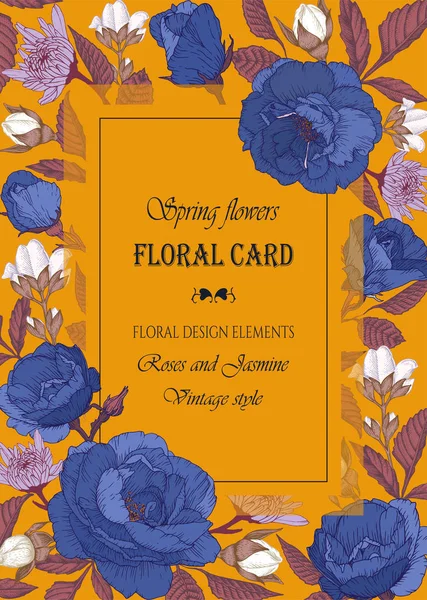 Carte de vœux florale vectorielle avec cadre de roses aquarelles, chrysanthèmes et jasmin — Image vectorielle