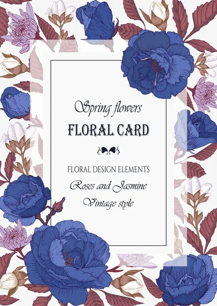 Vector floral ευχετήρια κάρτα με πλαίσιο από μπλε τριαντάφυλλα, χρυσάνθεμα και λευκό γιασεμί — Διανυσματικό Αρχείο
