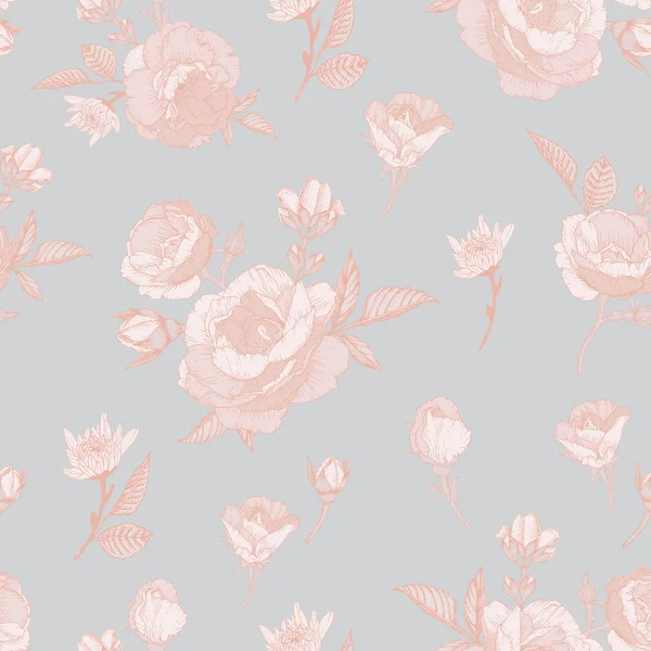 Motif floral vectoriel sans couture avec des roses, des chrysanthèmes et du jasmin blanc — Image vectorielle