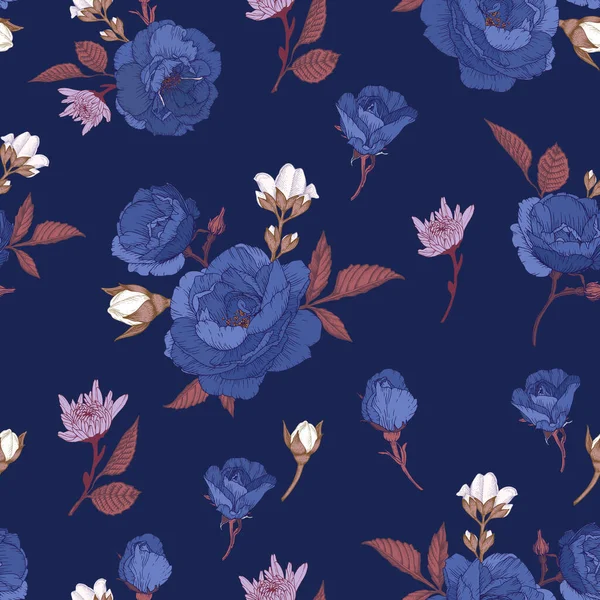 Vector bloemen naadloos patroon met blauwe rozen, chrysanten en witte jasmijn — Stockvector