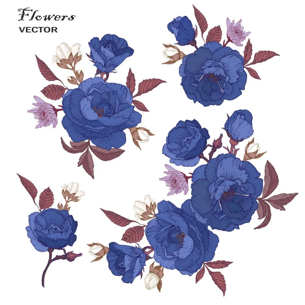 Ramos Flores Conjunto Rosas Azules Crisantemos Violetas Jazmín Blanco Estampados — Vector de stock