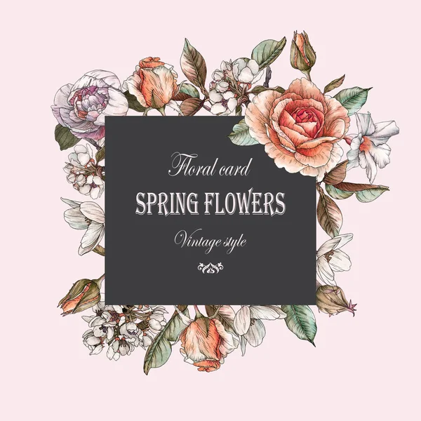 Florale Grußkarte Mit Einem Rahmen Aus Aquarellrosen Kirschblüten Und Pfingstrosen — Stockfoto