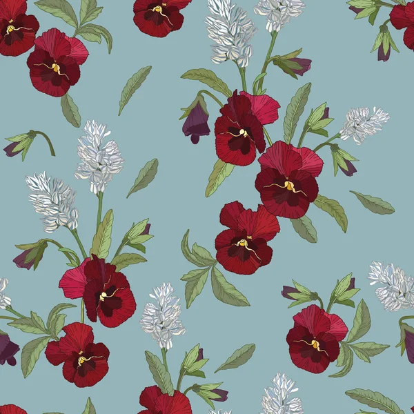 Διάνυσμα Floral Χωρίς Ραφή Μοτίβο Κόκκινα Πανσέδες Και Λευκά Λουλούδια — Διανυσματικό Αρχείο