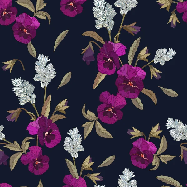 Vector Bloemloze Naadloze Patroon Met Violette Viooltjes Witte Bloemen — Stockvector