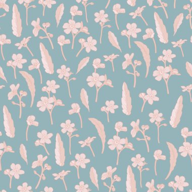 Çiçeksiz, bej desenli vektör. Unutma beni, çiçekler değil, mavi arka planda yapraklar.