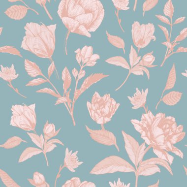 Çiçeksiz gül, lale ve kasımpatı desenli vektör.