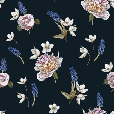 Çiçeksiz desenli suluboya beyaz şakayıklar, şakayıklar ve muskariler.