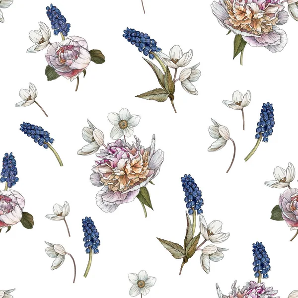 Bloemen Naadloos Patroon Met Aquarel Witte Pioenrozen Anemonen Muscari — Stockfoto