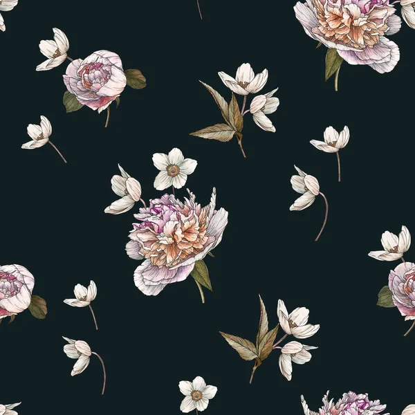 Florales Nahtloses Muster Mit Aquarell Weißen Pfingstrosen Anemonen Und Apfelblüten — Stockfoto