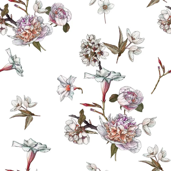 Bloemen Naadloos Patroon Met Aquarel Witte Pioenrozen Anemonen Appelbloesem — Stockfoto