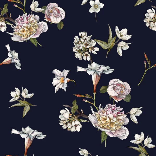 Floral Seamless Pattern Watercolor White Peonies Anemones Apple Blossom — Stock Photo, Image