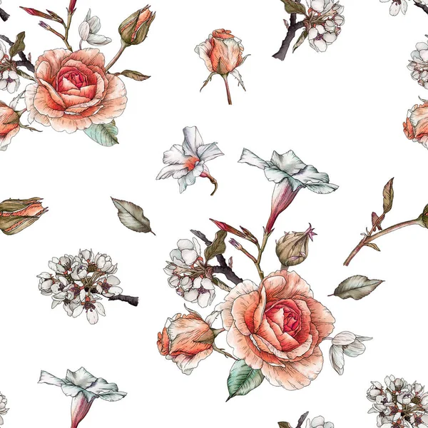Квітковий Безшовний Візерунок Помаранчевими Трояндами Розквіт Яблук Білими Квітами — стокове фото