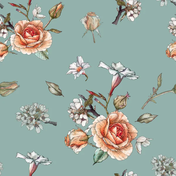 Квітковий Безшовний Візерунок Помаранчевими Трояндами Розквіт Яблук Білими Квітами — стокове фото