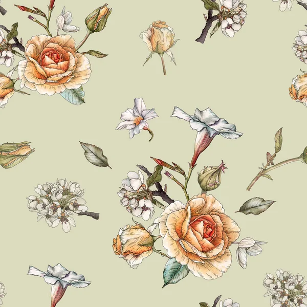 Virágos Zökkenőmentes Minta Narancs Rózsákkal Almavirággal Fehér Virágokkal — Stock Fotó