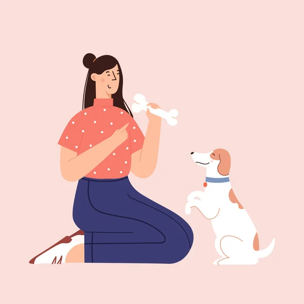 Menselijke en puppy vriendschap platte cartoon illustratie in vector. — Stockvector