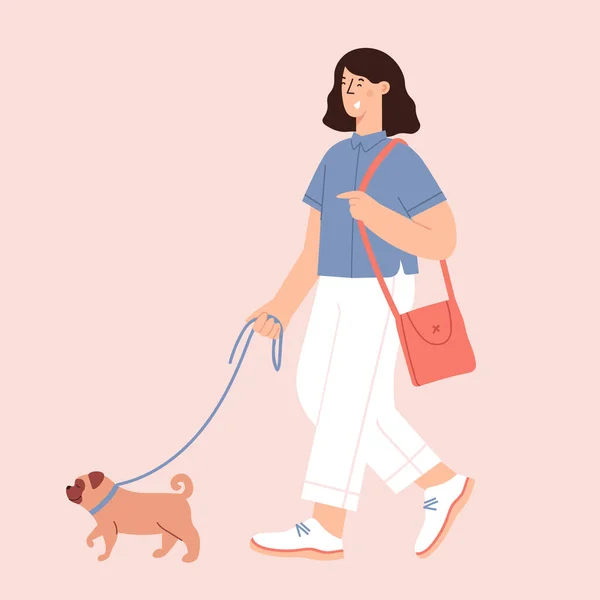 Mujer joven caminando con su pequeña mascota — Vector de stock