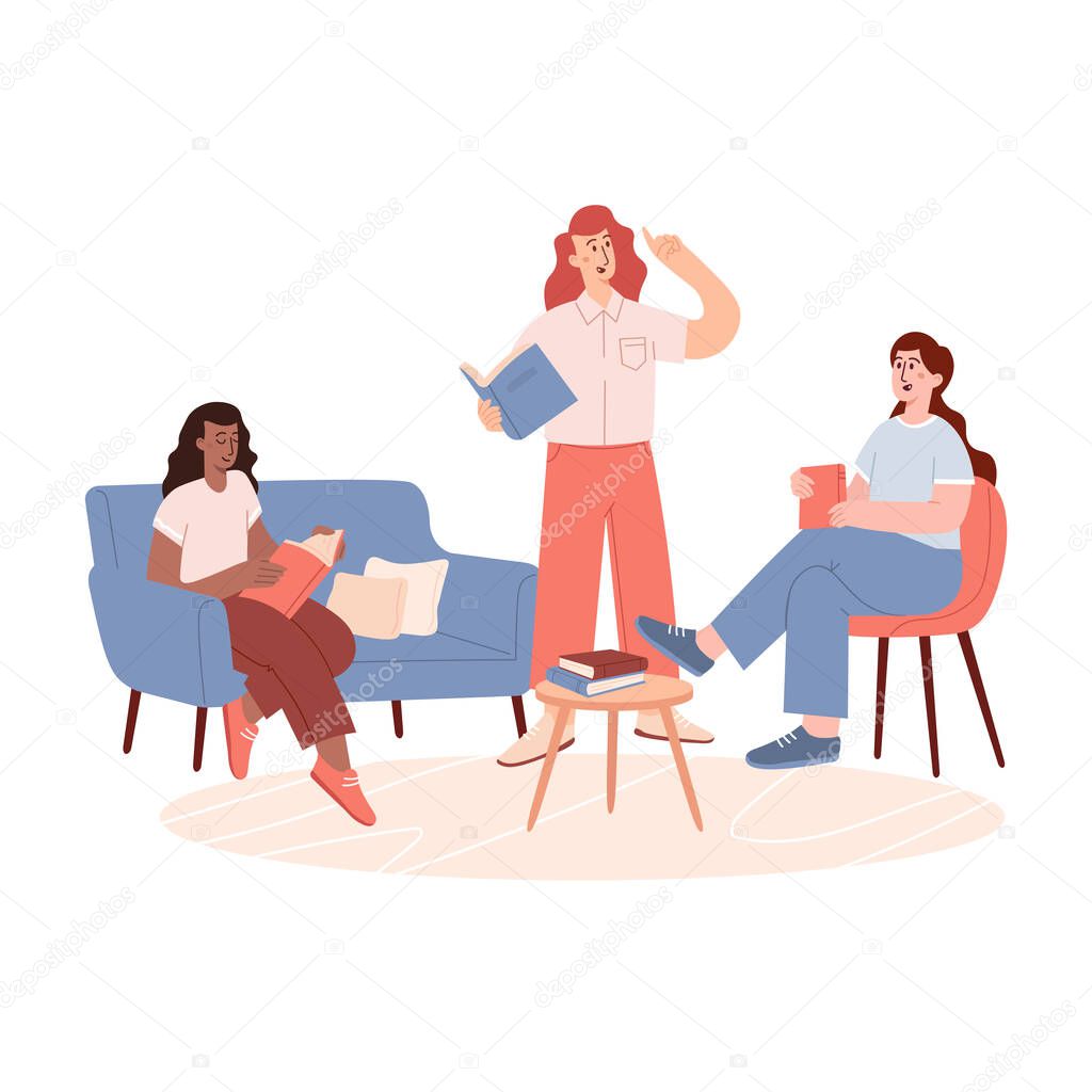 Books lover club vector template with different young woman reading books.