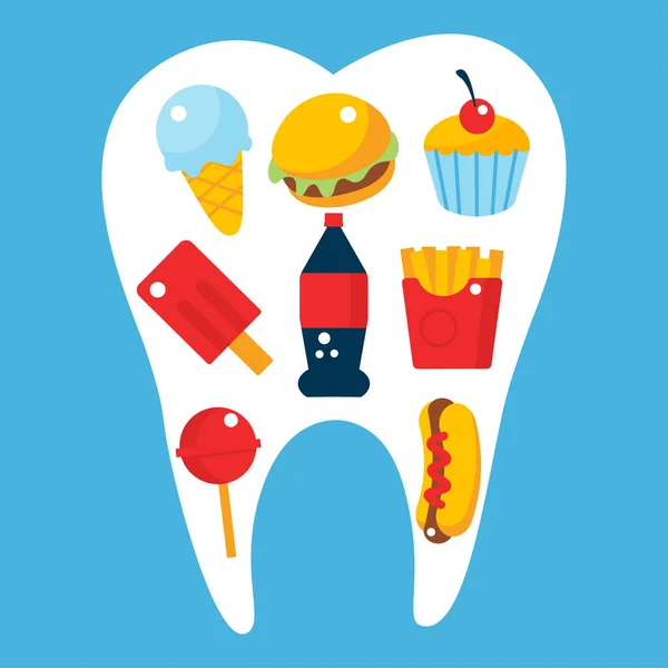 Żywność dla niezdrowych zębów koncepcja z białym zębem — Wektor stockowy