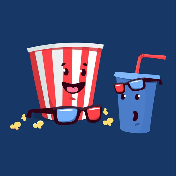 Flat illustration with cartoon movie popcorn and soda — Stock Vector