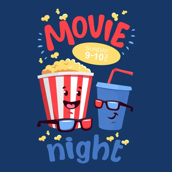 Flat illustration with cartoon movie popcorn and soda — Stockvektor