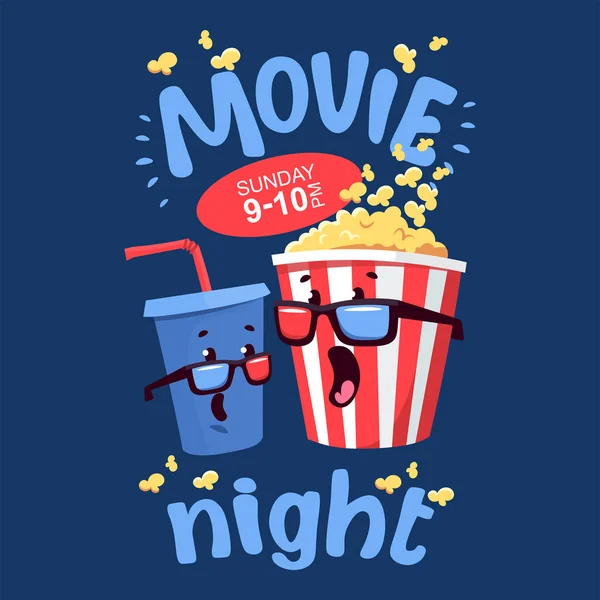 Flat illustration with cartoon movie popcorn and soda