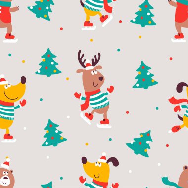 Vector seamless pattern with animals bear, dog, deer, new year tree, color dots
