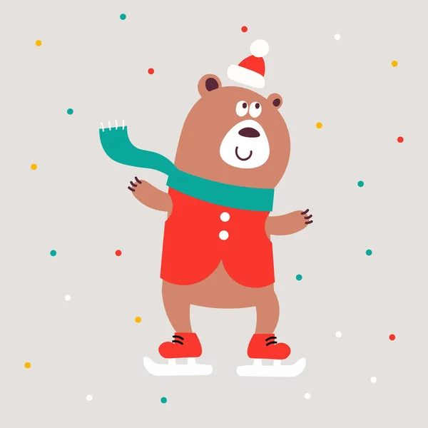 Christmas bear skiing isolated on grey background — Διανυσματικό Αρχείο