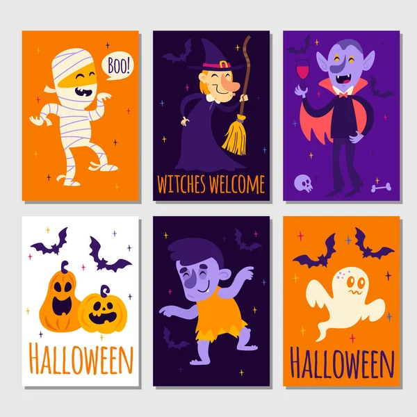 Conjunto de carteles de dibujos animados de Halloween, tarjetas, invitación — Vector de stock