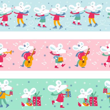 Seamless ribbon pattern with cute white Christmas mice
