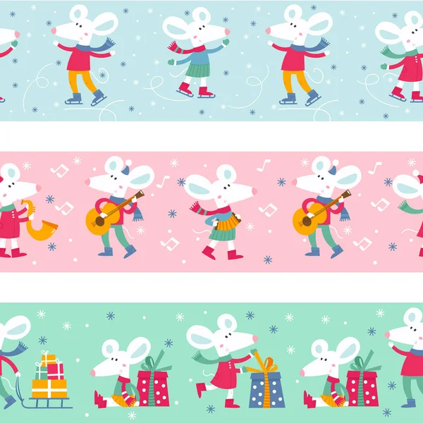 Patrón de cinta sin costuras con lindos ratones blancos de Navidad — Vector de stock