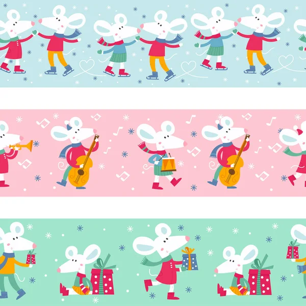 Seamless ribbon pattern with cute white Christmas mice — Stockvector