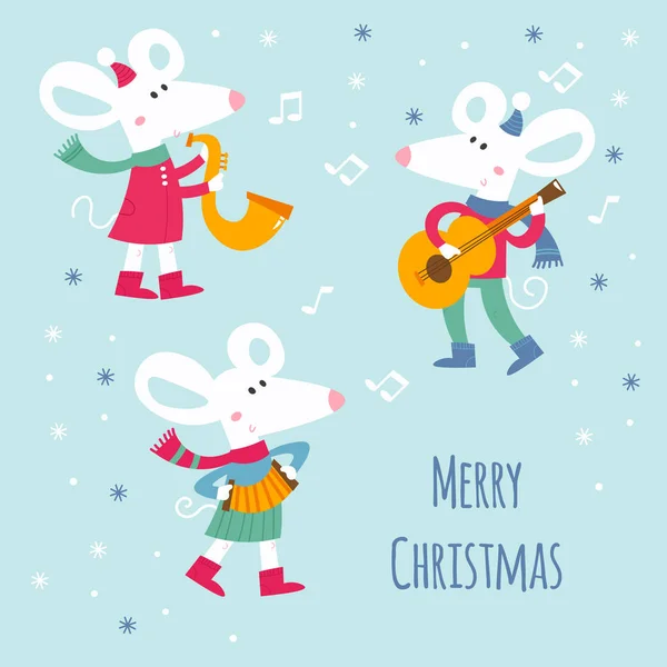 Big Christmas and new year designs with cartoon little mouse — Stockvector