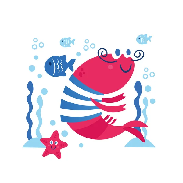Card with sea animals shrimp star fish. — Stockvektor