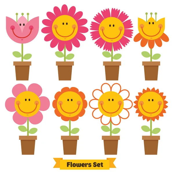 Conjunto de emoticones de flores lindas. Colección de flores divertidas . — Vector de stock