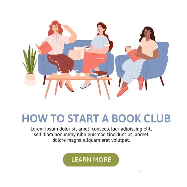 Gruppo di donne sedute sul divano e che ascoltano un libro di lettura per ragazze. Libri amante del club vettoriale landing page — Vettoriale Stock