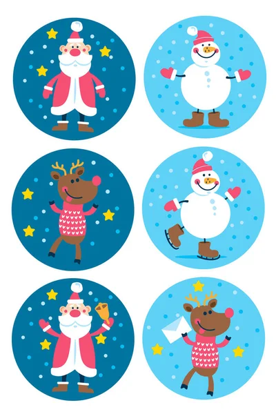 Personajes de Navidad Papá Noel, Renos, Pegatina muñeco de nieve — Vector de stock