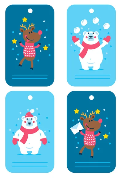 Vector de vacaciones etiquetas de Navidad con personajes de dibujos animados ciervos y oso polar — Vector de stock