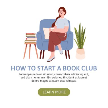 Kitap kulübü iniş sayfası tasarımı. Kitap sever, okuma kulübü, kütüphane