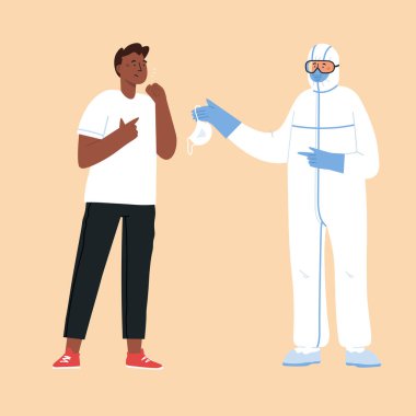 Salgın hastalık konsepti. Koruyucu kıyafetli bir doktor ve maske takan bir adam. Çin patojen solunum koronavirüsü. 
