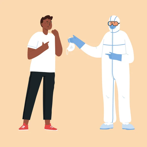 Concepto de enfermedad epidémica. Doctor en traje protector y hombre con máscara. China patógeno respiratorio coronavirus . — Vector de stock