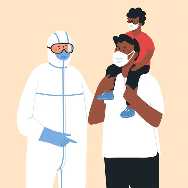 Salud y concepto médico. Familia que usa máscara médica protectora para prevenir el virus Wuhan Covid-19 — Vector de stock