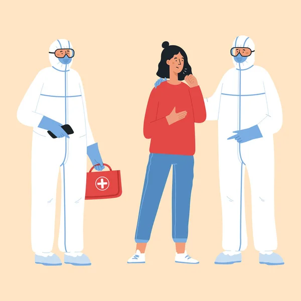 Médicos en traje de protección y mujer joven tosiendo. China patógeno respiratorio coronavirus . — Vector de stock