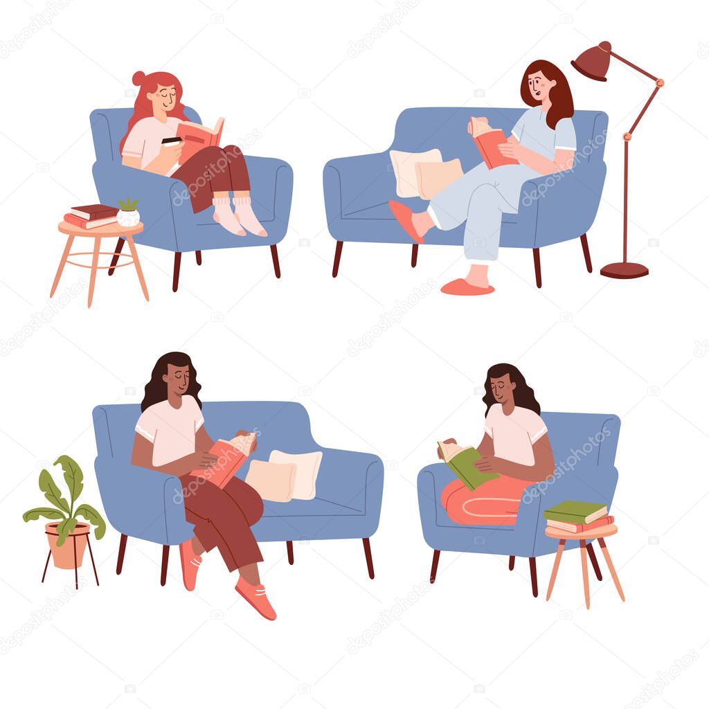 Young woman sitting on comfy sofa and in armchairs studying and reading books. 