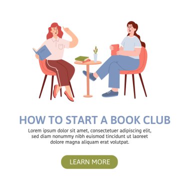 Kitap kulübü toplantısı, kütüphane. Eğitim, okuma grubu, edebiyat sınıfı. Çizgi film insanları bir dükkanda oturup yüksek sesle okurlar.