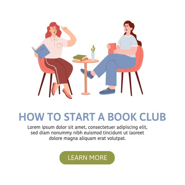 Kitap kulübü toplantısı, kütüphane. Eğitim, okuma grubu, edebiyat sınıfı. Çizgi film insanları bir dükkanda oturup yüksek sesle okurlar.