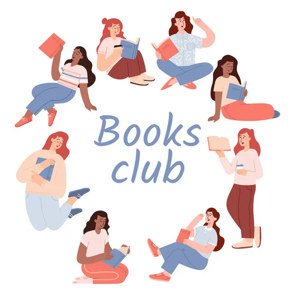 Modèle vectoriel club amoureux de livres avec différentes jeunes femmes lisant des livres . — Image vectorielle