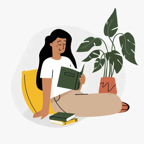 Chica leyendo un libro y descansando concepto . — Vector de stock